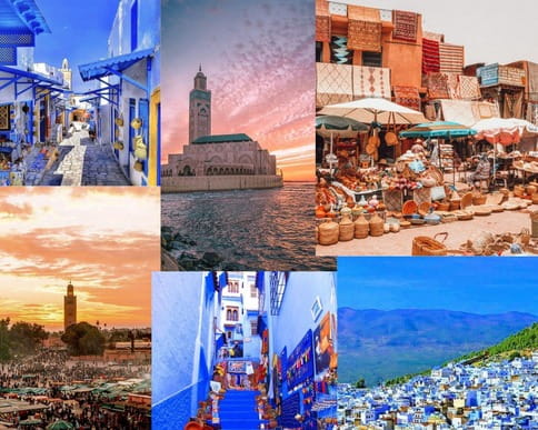 Morocco travel destinations including Marrakech, Chefchaouen, Fes and Casablanca