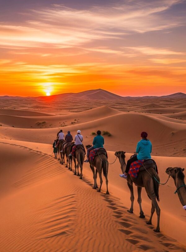 Travelers riding camels across Erg Chebbi dunes at sunset on a 9 day Morocco desert tour.