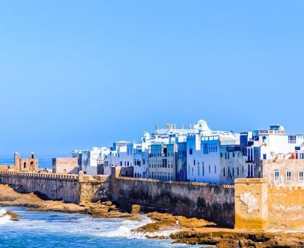 Historic walls of Essaouira Medina overlooking the Atlantic Ocean, popular coastal day trip from Marrakech.