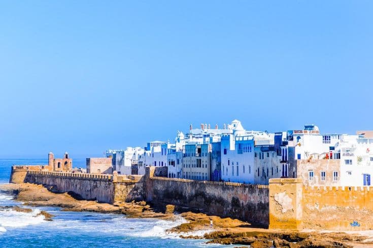 Historic walls of Essaouira Medina overlooking the Atlantic Ocean, popular coastal day trip from Marrakech.