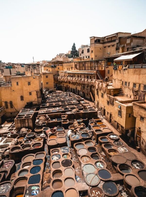 Chouara tannery in Fes Medina with traditional leather dye pits and artisans working in Morocco