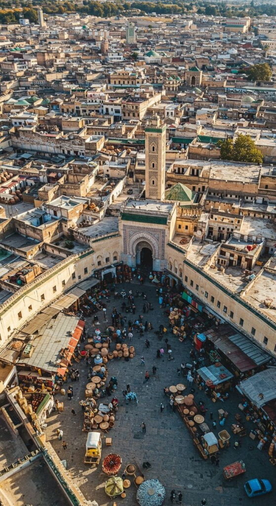 Aerial view of Fes old medina with traditional architecture and historic mosques during a guided Morocco journey.