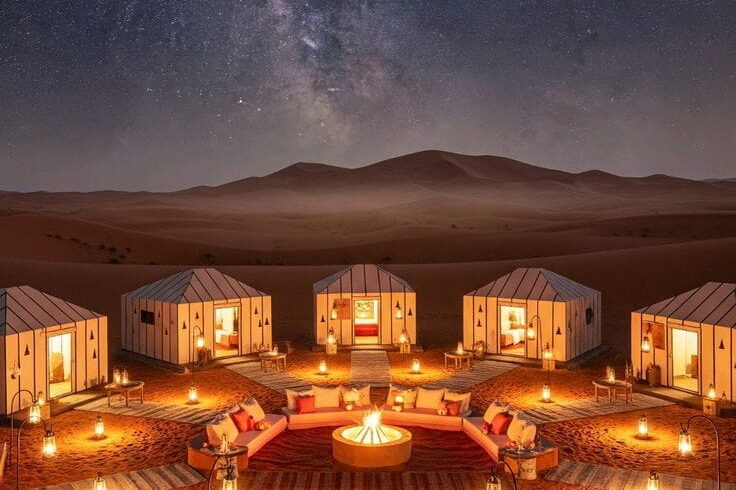 Luxury desert camp under a starry sky with fire circle seating in the Moroccan Sahara.