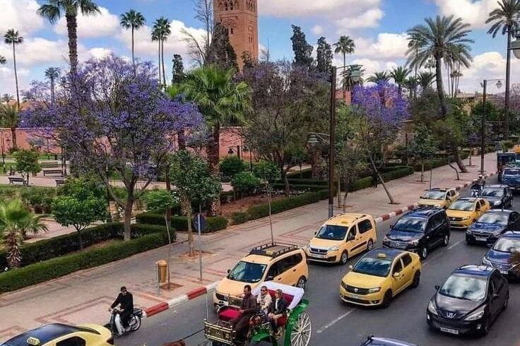 Traditional horse carriage passing near Koutoubia Mosque in Marrakech during a cultural Morocco travel itinerary.