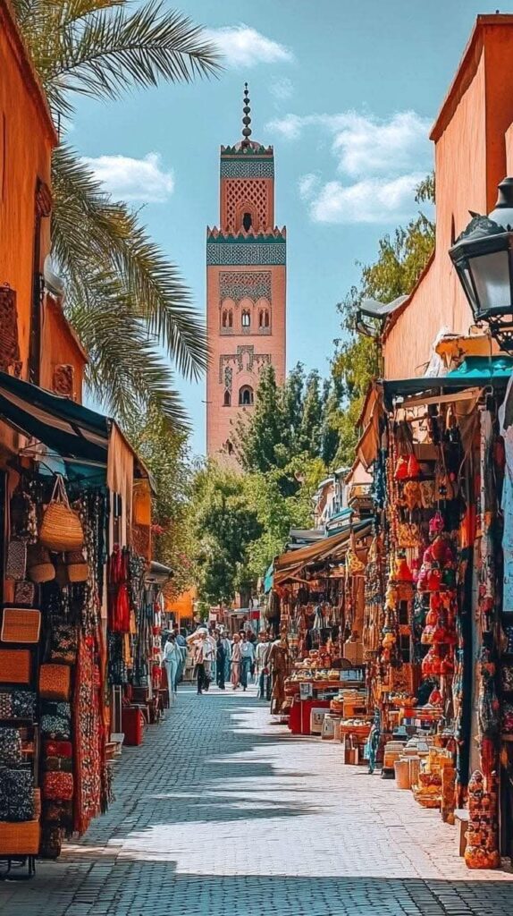 Colorful souk street in Marrakech Medina with traditional crafts and view of a historic minaret.