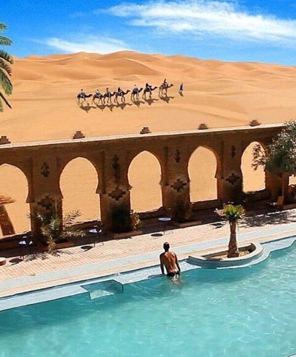 Camel caravan crossing Merzouga Sahara dunes viewed from traditional riad pool terrace in Morocco