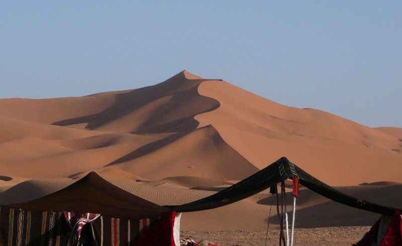 Traditional Berber desert tent camp near Erg Chebbi dunes in Merzouga Sahara Morocco