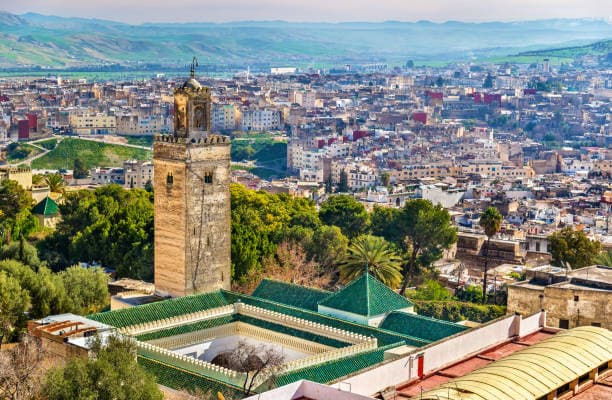 Panoramic view of Fes Medina and historic tower from Borj Nord Morocco